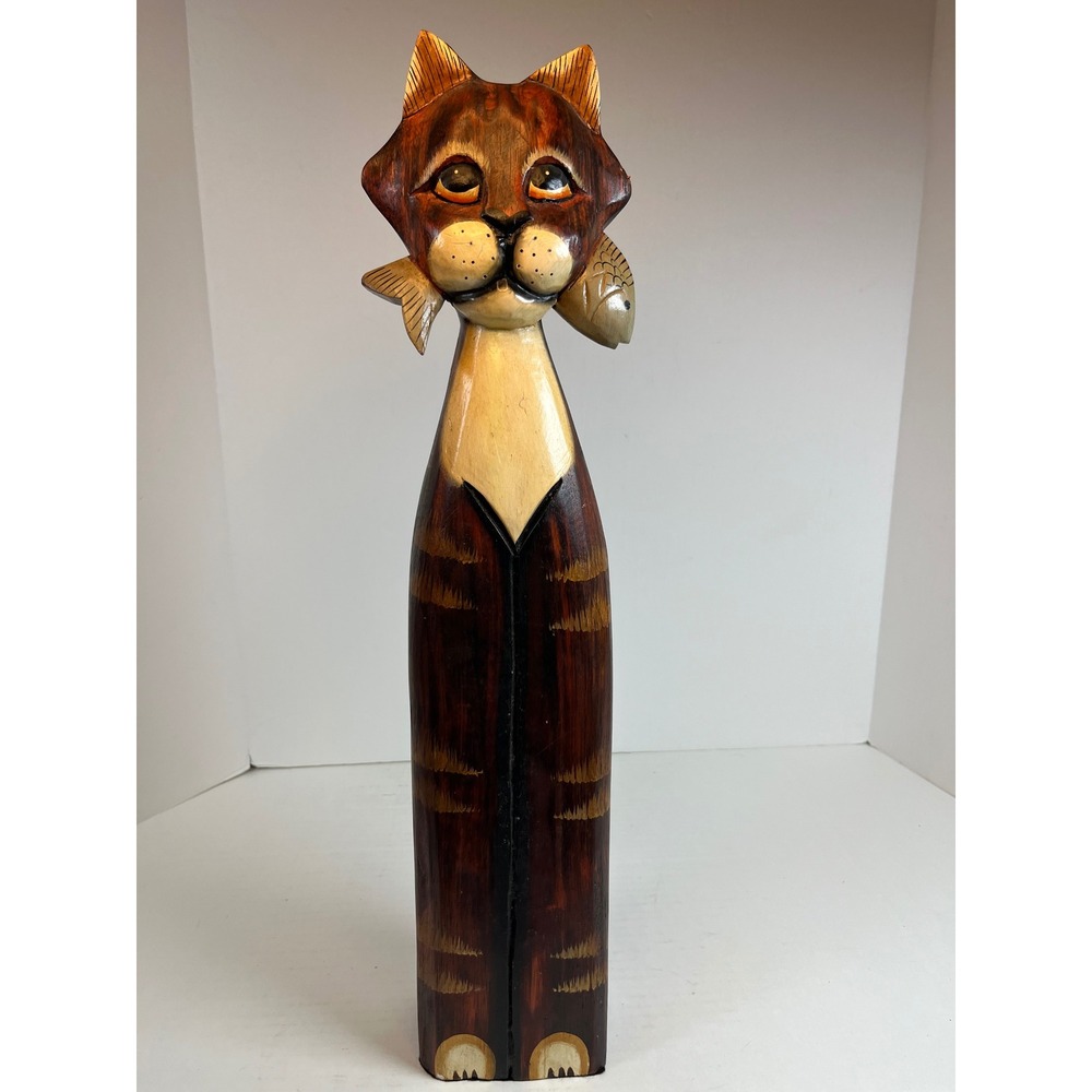 Pier 1 Imports Hand Carved Wooden Cat with Fish Figurine 20 Inch Tall Sculpture